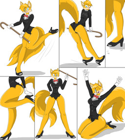 5_fingers anthro big_butt biped black_clothing black_footwear black_high_heels black_jacket black_leotard black_shoes black_suit_jacket black_tie_(suit) black_topwear blue_eyes bow_tie butt butt_focus butt_pose button_(fastener) camel_toe cane closed_smile clothing collared_shirt cute_fangs dance_shoes dancewear dancing dress_shirt eyebrow_through_hair eyebrows facial_markings fangs feet female female_anthro fingers fluffy_fur foot_focus footwear fur glistening glistening_butt glistening_clothing glistening_footwear glistening_high_heels glistening_jacket glistening_shoes glistening_topwear gloves hair hair_over_eye hand_behind_butt hand_on_butt hands_above_head handwear head_markings high_heels holding_cane holding_object inner_ear_fluff jacket kneeling leg_focus leotard looking_at_viewer looking_back looking_back_at_viewer markings mouth_closed muzzle_(marking) one_eye_closed open_mouth open_smile orange_body orange_fur pose red_bow_tie shadow shirt shoe_focus shoes simple_background smile smiling_at_viewer solo suit tan_body tan_fur tan_markings tan_muzzle tap_dancing tap_shoes teeth thick_thighs thigh_focus topwear translucent translucent_hair tuft white_background white_clothing white_dress_shirt white_gloves white_handwear white_shirt white_topwear wink winking_at_viewer wandering-flames canid canine fox mammal 2018 absurd_res comic hi_res
