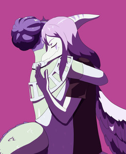 anthro anthro_on_anthro armwear black_clothing black_shirt black_topwear blue_body bone_frill clothing crown dress duo elbow_gloves eyes_closed feathered_wings feathers female female/female fingers frill_(anatomy) gloves green_body green_scales grey_body grey_feathers grey_hair hair handwear happy headgear hug humanoid_hands interspecies long_hair red_background scales shirt side_view simple_background smile tail tiara topwear white_clothing white_dress wings puffycrow cavemanon_studios goodbye_volcano_high i_wani_hug_that_gator ko_op_(game_developer) fang_(gvh) olivia_halford baryonyx dinosaur prehistoric_species pterosaur reptile saurischian scalie spinosaurid theropod absurd_res colored hi_res shaded