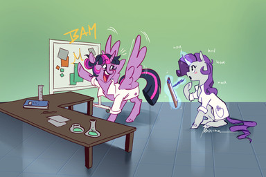 beaker blush book clothing coat duo enthusiastic female feral floor horn lab_coat laboratory_equipment laboratory_glassware scientific_instrument tile tile_floor topwear wings maxiima friendship_is_magic hasbro my_little_pony mythology rarity_(mlp) twilight_sparkle_(mlp) equid equine mammal mythological_creature mythological_equine unicorn winged_unicorn 3:2 absurd_res hi_res