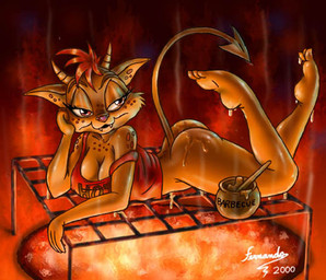 anthro barbecue biped bottomless breasts butt character_prepared_as_food cleavage clothed clothing cooking fangs female fire food_dressed freckled_shoulders freckles grill grilling hair hell horn lying off_shoulder on_front red_eyes red_hair solo spade_tail tail teeth fernando_faria demon felid mammal 2000 warm_colors