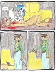 anthro aubrey_ferris blood blue_hair bodily_fluids breasts comic dialogue felid female genitals group gun hair lion male mammal mia_(aubrey_ferris) nipples nude pantherine penis ranged_weapon red_eyes simple_background snuff tears text weapon