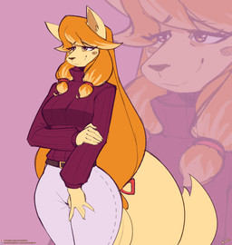 amber_eyes anthro belt blowup_background bottomwear breasts clothing eyebrows eyelashes female female_anthro hair mature_anthro mature_female orange_hair pants pose simple_background smile solo sweater tan_body text topwear wide_hips lyorenth-the-dragon undertale_yellow ceroba_ketsukane canid canine fox mammal 2026 artist_name colored digital_drawing_(artwork) digital_media_(artwork) hi_res portrait shaded signature three-quarter_portrait