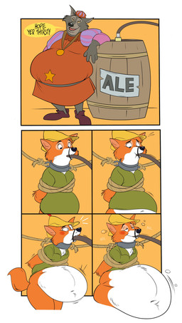 ale anthro belly belly_expansion belly_inflation big_belly blush bottomless bottomless_male bound bubble clothed clothing collar dialogue duo expansion fur green_clothing green_shirt green_topwear green_tunic grey_body grey_fur hands_behind_back hat hat_feather headgear headwear hiccuping hose hose_in_mouth hose_inflation inflation keg liquid_inflation loose_feather male medal motion_lines navel onomatopoeia orange_body orange_fur overweight overweight_anthro overweight_male rope shirt simple_background sound_effects speech_bubble standing text topwear tunic white_background wide_eyed yellow_background yellow_clothing yellow_hat yellow_headwear remmyfox disney robin_hood_(disney) robin_hood sheriff_of_nottingham canid canine canis fox mammal wolf 2023 absurd_res comic english_text hi_res