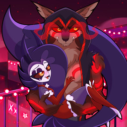 anthro armwear bedroom_eyes blush brown_body carrying_another carrying_partner chest_tuft city cityscape clenched_teeth clothing dress duo female glowing glowing_eyes glowing_markings holidays hood inner_ear_fluff jacket legwear long_tail male markings multicolored_body muscular muscular_anthro muscular_male narrowed_eyes purple_body red_armwear red_clothing red_dress red_legwear red_sclera seductive slim sparkles tail teeth topwear torn_clothing tsundere tuft two_tone_body rurihal christmas hellaverse mythology havok_the_hellscarred canid canid_demon canine cat_demon demon hellhound hybrid mammal mythological_canine mythological_creature owl_demon 1:1 absurd_res hi_res