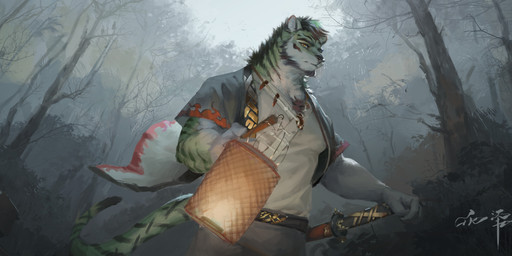 anthro black_body black_fur black_hair black_nose bottomwear brown_hair clothed clothing countershading fog forest front_view fur green_body green_fur green_hair grey_bottomwear grey_clothing grey_pants grey_topwear hair lamp lantern male markings melee_weapon mouth_closed multicolored_hair narrowed_eyes outside pants paper_lantern plant pupils shrub slit_pupils solo standing striped_arms striped_body striped_fur striped_markings striped_neck striped_tail stripes sword tail tail_markings topwear tree weapon white_body white_clothing white_fur white_topwear yellow_eyes awaldkize felid mammal pantherine tiger absurd_res half-length_portrait hi_res portrait signature