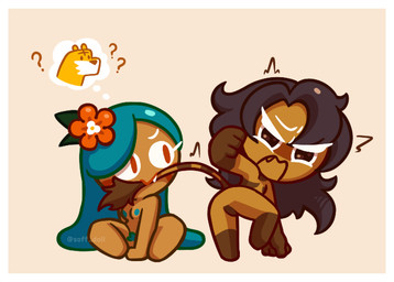 accessory bite blue_hair blue_nipples border brown_hair butt casual_nudity confusion embarrassed eyelashes fangs female female/female flower flower_in_hair hair hair_accessory markings nipples nude plant pubes raised_leg sitting solo striped_body striped_markings striped_tail stripes tail tail_bite tail_in_mouth tail_markings tail_tuft teeth thought_bubble tuft white_border soff_dollr cookie_run cookie_run_kingdom devsisters marble_cake_cookie tiger_lily_cookie felid humanoid mammal pantherine tiger 2026 digital_drawing_(artwork) digital_media_(artwork)