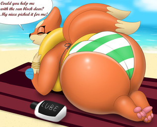 anthro beach big_butt bikini bracelet butt clothed clothing dipstick_tail eyes_closed feet female fur huge_butt jewelry lube lying lying_on_ground markings mature_anthro mature_female multi_tail multicolored_tail on_ground outside partially_clothed sand seaside sky smile solo sun swimwear tail tail_markings text thick_thighs toes two-piece_swimsuit water wide_hips pandashorts nintendo pokemon fio_(pandashorts) floatzel generation_4_pokemon pokemon_(species) 2019 english_text hi_res