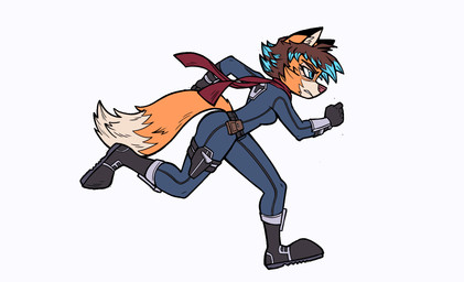angry anthro blue_hair boots bounty_hunter butt clothing female footwear hair heterochromia legwear running scarf science_fiction shoes spacesuit tail tail_motion tail_sway thigh_boots thigh_highs foxify arya_blaze canid canine fox mammal animated hi_res