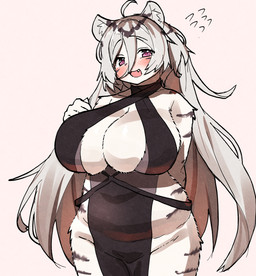 ahoge anthro big_breasts biped black_body black_clothing black_dress black_ears black_fur black_stripes blush blush_lines breasts cleavage clothed clothed_anthro clothed_female clothing cute_fangs dress fangs female female_anthro front_view full_cleavage fully_clothed fully_clothed_anthro fully_clothed_female fur hair hair_between_eyes huge_breasts humanoid_hands inner_boob inner_ear_fluff kemono long_hair looking_at_viewer multicolored_body multicolored_ears multicolored_fur pink_eyes pink_nose pink_pupils pupils sideless_clothing sideless_dress simple_background slightly_chubby slightly_chubby_anthro slightly_chubby_female solo standing striped_body striped_fur stripes teeth tuft two_tone_body two_tone_ears two_tone_fur white_background white_body white_ears white_fur white_hair white_inner_ear white_inner_ear_fluff kagarimachi_ame mahjong_soul hannah_(mahjong_soul) felid mammal pantherine tiger 2024 colored digital_media_(artwork) half-length_portrait hi_res portrait shaded simple_shading
