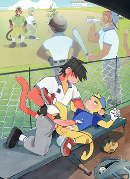 after_anal anthro armor backwards_baseball_cap backwards_hat ball baseball_(ball) baseball_(sport) baseball_bat baseball_cap baseball_glove baseball_uniform bat_(object) batting_helmet black_hair bodily_fluids bottle bottomwear brown_body brown_fur brown_hair butt clothed clothing container cum cum_drip cum_in_ass cum_inside cum_on_body cum_on_chest cum_on_penis cum_on_shirt dripping footwear fur genital_fluids genitals green_body green_fur green_hair group hair hat headgear headwear helmet holding_object male male/male orange_body orange_fur pants penis pubes sex shirt shoes sport sportswear tail topwear uniform water_bottle yellow_body yellow_fur peonybunny doc_(peonybunny) haplorhine mammal monkey primate digital_media_(artwork) hi_res