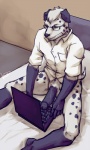 anthro bed black_penis bottomless clothed clothing computer electronics erection eyewear furniture genitals glasses humanoid_genitalia humanoid_penis male penis solo spread_legs spreading vein boulevard dexdoggy canid canine canis dalmatian domestic_dog mammal