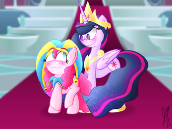 blush crown curly_hair duo female feral hair headgear horn jester regalia smile wings jesslmc16 friendship_is_magic hasbro my_little_pony mythology pinkie_pie_(mlp) queen_twilight_(mlp) twilight_sparkle_(mlp) earth_pony equid equine horse mammal mythological_creature mythological_equine pony winged_unicorn 4:3 hi_res