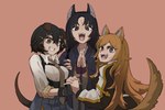 black_hair blonde_hair brown_eyes clothed clothing female group hair hand_on_hand looking_at_viewer necktie open_mouth shirt tail topwear trio a_boaba arknights hypergryph studio_montagne ceobe_(arknights) jackie_(arknights) saga_(arknights) animal_humanoid canid canid_humanoid canine canine_humanoid dog_humanoid humanoid mammal mammal_humanoid 2021 3:2