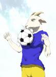 9x9 anthro ball bovid breast_torture breastbusting caprine clothing day digital_media_(artwork) female goat hi_res mammal outside pain shaded simple_background sky soccer soccer_ball soccer_uniform solo sport sportswear uniform