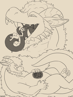anthro antlers bodily_fluids bone_tag collar_tag duo eyes_closed hand_on_belly hand_on_own_belly horn humanoid_hands male male/male open_mouth oral_vore pawpads saliva saliva_string sharp_teeth sitting_on_tongue size_difference tail teeth text text_on_collar_tag tongue tongue_out vore wearing_collar x-ray_view ovens mythology russelbuck_(character) canid canine canis deer domestic_dog dragon hybrid mammal mythological_creature mythological_scalie scalie 2026 3:4 absurd_res digital_drawing_(artwork) digital_media_(artwork) english_description english_text hi_res