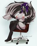 anthro arms_bent bent_legs big_breasts breasts chair claws feet_over_edge female furniture green_eyes hair holding_object holding_pen holding_writing_utensil knock-kneed legs_together looking_at_viewer navel navel_line nude office_chair on_chair over_edge pattern_background pen purple_hair simple_background sitting sitting_on_chair solo swivel_chair tucked_arm writing_utensil luckypan mammal mephitid skunk 2021 digital_media_(artwork) shaded