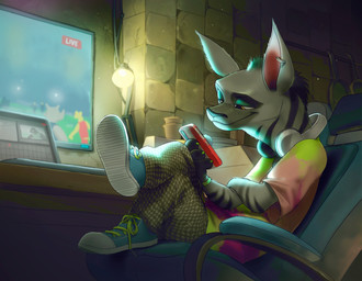 ambiguous_gender anthro biped black_nose clothed clothed_anthro clothing detailed_background ear_piercing electronics fingers footwear fur headphones holding_object holding_phone monitor phone piercing pupils shoes sitting smile solo yellow_eyes poolpka goat_(movie) sony_corporation sony_pictures hannah_(goat) aardwolf hyena mammal