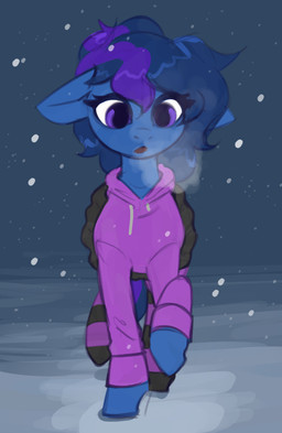 blue_body clothed clothed_feral clothing cold eyelashes female feral front_view hoodie hooves looking_down outside purple_eyes quadruped snow snowing solo topwear walking winter marsminer hasbro my_little_pony fan_character earth_pony equid equine horse mammal pony 2026 nonbinary_(lore)