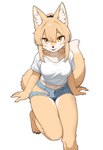 4_toes anthro barefoot blush bottomwear breasts claws clothed clothing crop_top denim denim_bottomwear denim_clothing denim_shorts feet female female_anthro fur hair kemono looking_at_viewer midriff navel no_underwear shirt shorts solo toe_claws toes topwear torn_clothing jeifier rebekah canid canine fox mammal 2025 digital_media_(artwork) hi_res