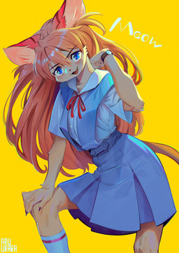 5_fingers anthro blue_bottomwear blue_clothing blue_eyes blue_skirt blush blush_lines bottomwear cat_smile cheek_tuft claws clock clothed clothed_anthro clothed_female clothing cute_fangs ear_covers facial_tuft fangs female finger_claws fingers footwear fur hair hand_on_knee hand_on_leg looking_at_viewer meow neck_ribbon open_mouth open_smile orange_hair red_ribbon school_uniform shirt simple_background skirt smile socks solo tail tan_body tan_fur teeth text topwear tuft uniform watch white_clothing white_footwear white_shirt white_socks white_text white_topwear wristwatch yellow_background aruurara neon_genesis_evangelion asuka_langley_soryu domestic_cat felid feline felis mammal 2020 artist_name english_text hi_res