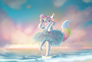 ambiguous_gender anthro beach fennec_ears partially_submerged smile solo standing_in_water sunset water pyroashes canid canine fennec_fox fox mammal true_fox absurd_res hi_res