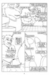 anthro black_and_white bussaca canid canine cast clothed clothing comic dialogue duo english_text fur hi_res male mammal mink monochrome mustelid musteline tail text true_musteline