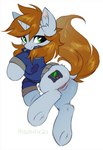 bottomless clothed clothing cutie_mark female feral genitals green_eyes grey_body grey_horn horn inner_ear_fluff jacket pussy quadruped simple_background smile solo topwear tuft unicorn_horn white_background hioshiru fallout_equestria hasbro my_little_pony mythology fan_character littlepip equid equine mammal mythological_creature mythological_equine unicorn 2021 hi_res