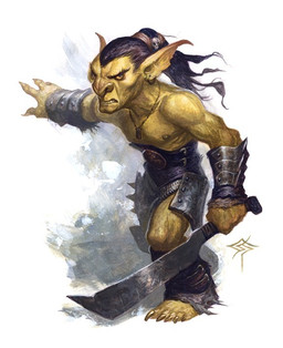 angry armor black_hair chainmail ear_piercing ear_ring green_body hair holding_melee_weapon holding_object holding_sword holding_weapon jewelry male melee_weapon muscular not_furry pendant piercing ponytail ring_piercing simple_background solo standing sword weapon white_background steve_prescott dungeons_and_dragons hasbro wizards_of_the_coast goblin humanoid official_art