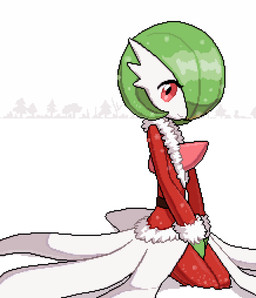 ambiguous_gender bottomwear chest_spike clothing dress green_body green_hair hair hands_between_legs head_down holidays looking_at_viewer pants pseudo_clothing pseudo_hair red_eyes santa_coat smile snow snowing solo spikes spikes_(anatomy) white_body melpoli_98 christmas nintendo pokemon gardevoir generation_3_pokemon humanoid pokemon_(species) 2025 absurd_res digital_media_(artwork) hi_res pixel_(artwork) female_(lore)
