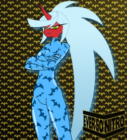 5_fingers blue_bodysuit blue_clothing blue_hair blue_lipstick blue_skinsuit bodysuit breasts clothing crossed_arms featureless_breasts featureless_crotch female fingers frown glowing glowing_hair green_eyes hair horn lipstick logo long_hair looking_at_viewer makeup mouth_closed pattern_background pattern_clothing pattern_suit ponytail red_body red_skin sharp_tooth simple_background skinsuit solo standing suit tight_clothing eversonitro panty_and_stocking_with_garterbelt kneesocks_daemon bat demon demon_humanoid humanoid mammal 2018 absurd_res artist_logo digital_drawing_(artwork) digital_media_(artwork) hi_res