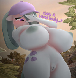 anthro areola big_breasts biped blush breasts clothing detailed_background dialogue eyelashes female genitals grey_body grey_hair hair hat hat_only headgear headgear_only headwear headwear_only huge_breasts mostly_nude nipples outside pupils purple_clothing purple_eyes solo text thick_thighs vulva purplefondue friendship_is_magic hasbro my_little_pony marble_pie_(mlp) equid equine mammal 3d_(artwork) digital_media_(artwork) hi_res