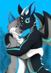 anthro black_body black_scales duo fur grey_body grey_fur horn hug looking_at_viewer male nude scales smile jasoned mythology khyther_pyroxen_(ragingmoonbeam) rugun_whitepaws canid canine dragon fox hybrid kobold mammal mythological_creature mythological_scalie scalie hi_res