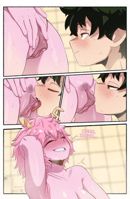 bangs blush blush_lines breasts clitoral_sucking clitoris cunnilingus duo eyelashes eyes_closed female freckled_face freckles genitals hair horn human_on_humanoid interspecies long_eyelashes male male/female not_furry open_mouth oral pink_body pink_hair pink_skin pubes sex tongue tongue_out vaginal vulva greatm8sfm my_hero_academia ashido_mina izuku_midoriya horned_humanoid human humanoid mammal 2026 absurd_res comic hi_res