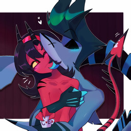 after_sex anthro blush breasts container cup detailed_background duo female green_body green_hair hair horn interspecies kissing male male/female nude red_eyes tail erica172879 hellaverse helluva_boss chazwick_thurman aquatic demon demon_humanoid fish humanoid imp shark 1:1 hi_res