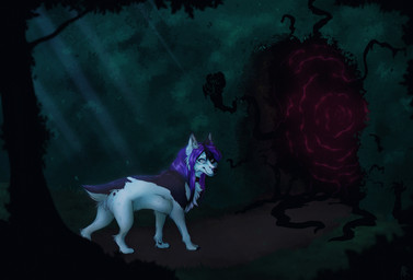 female feral grass hair night outside paws plant purple_hair quadruped smile solo standing rayley canid canine mammal 2015 digital_media_(artwork)