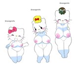 age_difference anthro areola big_areola big_breasts blush bow_tie breasts clothing eyes_closed female front_view fur genitals group hand_behind_back hand_on_breast hat headgear headwear looking_at_viewer mature_female navel nipples nude older_female open_mouth pussy simple_background smile thick_thighs trio white_body white_fur savagensfw hello_kitty_(series) sanrio hello_kitty_(character) margaret_white mary_white domestic_cat felid feline felis mammal