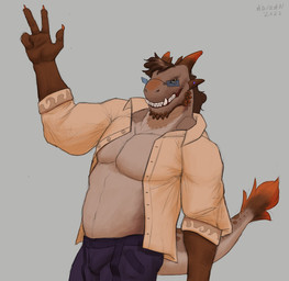 4_fingers anthro bottomwear brown_body brown_tail bulge claws clothed clothing eyewear finger_claws fingers glasses grin looking_at_viewer male male_anthro markings muscular muscular_anthro muscular_male open_clothing open_topwear orange_clothing orange_topwear overweight overweight_anthro overweight_male pants purple_bottomwear purple_clothing purple_pants rectangular_glasses smile solo spots spotted_markings spotted_tail standing tail tail_markings tail_tuft text tinted_glasses topwear tuft aduran mythology dragon mythological_creature mythological_scalie scalie 2022 artist_name dated hi_res portrait three-quarter_portrait