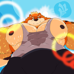 anthro barazoku biceps big_muscles bodily_fluids bulge clothed clothing eyewear fur glasses huge_muscles hyper hyper_muscles larger_male lens_flare looking_at_viewer low-angle_view male muscular muscular_anthro muscular_male nipples shirt simple_background size_difference sky smile solo sun sweat tank_top topwear fujiyama_samoyed pec_pov_meme nano_byte_(nanogamer31) canid canine canis domestic_dog fox mammal 1:1 hi_res meme watermark
