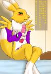 3_fingers anthro armwear bandai_namco bed biped black_nose black_sclera blush breasts canid canine chest_tuft claws clothing digimon digimon_(species) dildo elbow_gloves female fid fingers fur furniture gloves green_eyes handwear hi_res inside japanese_text mammal raised_tail renamon sex_toy sitting small_breasts solo tail teeth text translated tuft vibrator white_body white_fur yellow_body yellow_fur yin_yang