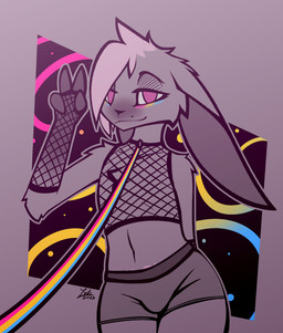 4_fingers anthro armwear bodypaint bottomwear bulge chest_tuft clothed clothing face_paint femboy fingers fishnet_armwear fishnet_clothing fishnet_topwear floppy_ears gesture hair hand_behind_back hand_gesture hotpants leash lgbt_pride long_ears long_hair looking_at_viewer male navel pansexual_pride_colors pink_hair pride_colors shorts skimpy smile smiling_at_viewer solo thick_thighs topwear tuft v_sign womb_tattoo conditional_dnp lodi_(artist) mizzel_(lodi) lagomorph leporid mammal rabbit hi_res