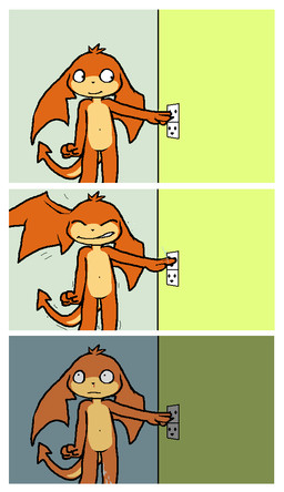 4_fingers anthro biped blood bodily_fluids cum cum_on_leg cum_on_self ejaculation electricity electrocution electrostimulation eyes_closed fingers front_view genital_fluids head_wings looking_aside male membrane_(anatomy) membranous_wings motion_lines nosebleed orange_body smile solo spade_tail standing tail tan_body uhoh unusual_wing_placement wall_socket what wings darkdoomer bandai_namco digimon patachu digimon_(species) patamon comic