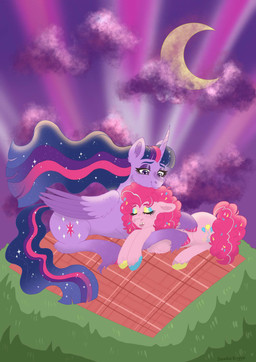 cloud duo female feral fetlocks hooves horn hug lying moon on_front picnic_blanket teeth tooth_gap wings doodlebugge friendship_is_magic hasbro my_little_pony mythology pinkie_pie_(mlp) twilight_sparkle_(mlp) earth_pony equid equine horse mammal mythological_creature mythological_equine pony winged_unicorn hi_res
