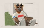 anthro black_nose bottomwear brown_body brown_fur cheek_tuft clothing eyewear eyewear_on_head facial_tuft fur holding_lighter holding_object lighter looking_at_viewer male outside pants plant scar shirt shrub sitting solo sunglasses sunglasses_on_head t-shirt tan_body tan_fur topwear torn_bottomwear torn_clothing torn_pants tuft waiting whiskers rosphix gulonine mammal marten mustelid musteline hi_res