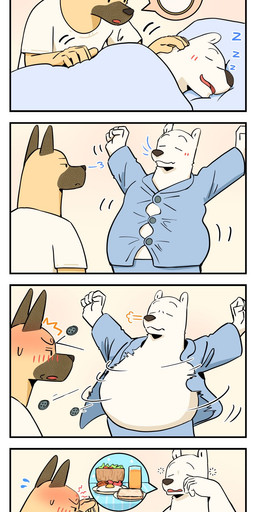 anthro bed bedding blanket blush bottomwear clothing duo eyes_closed furniture kemono lying male male/male overweight overweight_male pants shirt sleeping topwear white_body panda_po bear canid canine canis domestic_dog mammal polar_bear ursine 2026 comic hi_res