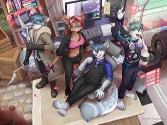 computer computer_keyboard electronics female fur gaming gaming_chair group high-angle_view looking_at_viewer male markings motorsports racing_suit spots spotted_body spotted_fur mynameiscomic novus zaide_(ashkelling) felid feline lynx mammal pantherine snow_leopard hi_res
