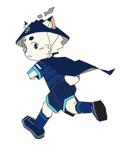anthro asian_conical_hat blue_body blue_cape blue_clothing blue_eyes blue_footwear blue_fur blue_shirt blue_socks blue_topwear blush cape clothing eyebrows footwear fur hat headgear headwear looking_at_viewer looking_back looking_back_at_viewer male mascot serious shirt simple_background soccer_uniform socks solo sportswear tail topwear uniform white_background white_body white_fur young young_anthro young_male n_agano j.league kagoshima_united_fc uni-ku canid canine canis domestic_cat felid feline felis hybrid mammal wolf 2025 absurd_res hi_res japanese_description