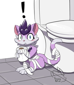 anthro blush blush_lines embarrassed exclamation_point female heterochromia holidays looking_at_viewer solo surprised tail toilet toilet_paper wrapped wrapped_arms wrapped_legs wrapped_tail wrapped_up feeshyartist halloween miu_(feeshyartist) felid feline mammal philikkahn 2025 absurd_res hi_res signature