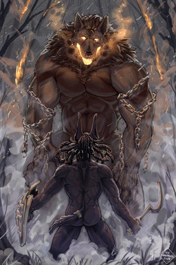 anthro big_breasts black_body black_fur breasts butt duo fire florest fur hair knight male male/male muscular nude open_mouth scar shield simple_background tail warrior chamuskinha anubian_jackal canid canine canis humanoid jackal mammal wolf 2:3 absurd_res digital_media_(artwork) hi_res