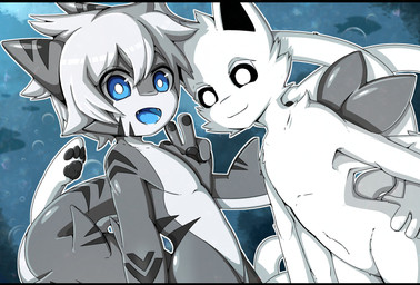 4_fingers anthro arm_markings big_tail black_inner_ear black_markings black_pawpads black_sclera blue_eyes blue_tongue bubble chest_tuft claws duo ear_tuft eye_through_hair eyebrow_through_hair eyebrows facial_tuft finger_claws fingers fur gesture grey_body hair hand_gesture leg_markings male markings navel pawpads pointy_ears shark_tail smile smiling_at_viewer tail tail_markings teeth tentacles tongue translucent translucent_hair tuft underwater upside_down v_sign water white_body white_fur white_hair young young_anthro young_male gaogomon changed_(video_game) squid_dog_(changed) tiger_shark_(changed) aquatic canid canine cephalopod coleoid decapodiform fish hybrid mammal mollusk requiem_shark shark squid tiger_shark 2023 absurd_res hi_res
