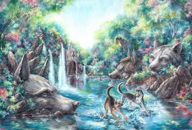 ambiguous_gender black_body black_fur black_nose brown_body brown_fur creek day duo feral fur grey_body grey_fur outside plant playing raised_tail river rock running sculpture sky splash statue tail tan_body tan_fur temple tree water waterfall white_body white_fur elkir canid canine canis domestic_dog felid german_shepherd herding_dog husky mammal nordic_sled_dog pantherine pastoral_dog spitz tiger 2019 color_contrast colorful_theme painting_(artwork) traditional_media_(artwork) traditional_painting_(artwork) traditional_watercolor_(artwork) watercolor_(artwork)
